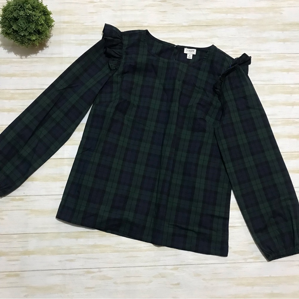 J Crew Blue Green Plaid Tartan Ruffle Top